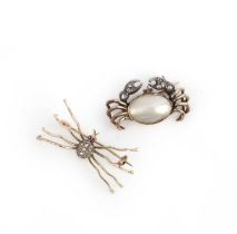 Two brooches, early 20th century, one designed as a crab, set with mother of pearl, cabochon