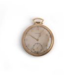 Longines, a gold open-faced pocket watch, signed cream dial with Arabic numerals and subsidiary