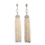 A pair of cultured pearl and diamond earrings, each of tassel design, set with cultured pearls and