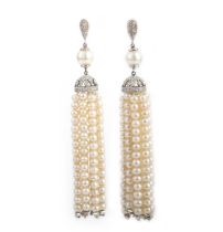 A pair of cultured pearl and diamond earrings, each of tassel design, set with cultured pearls and