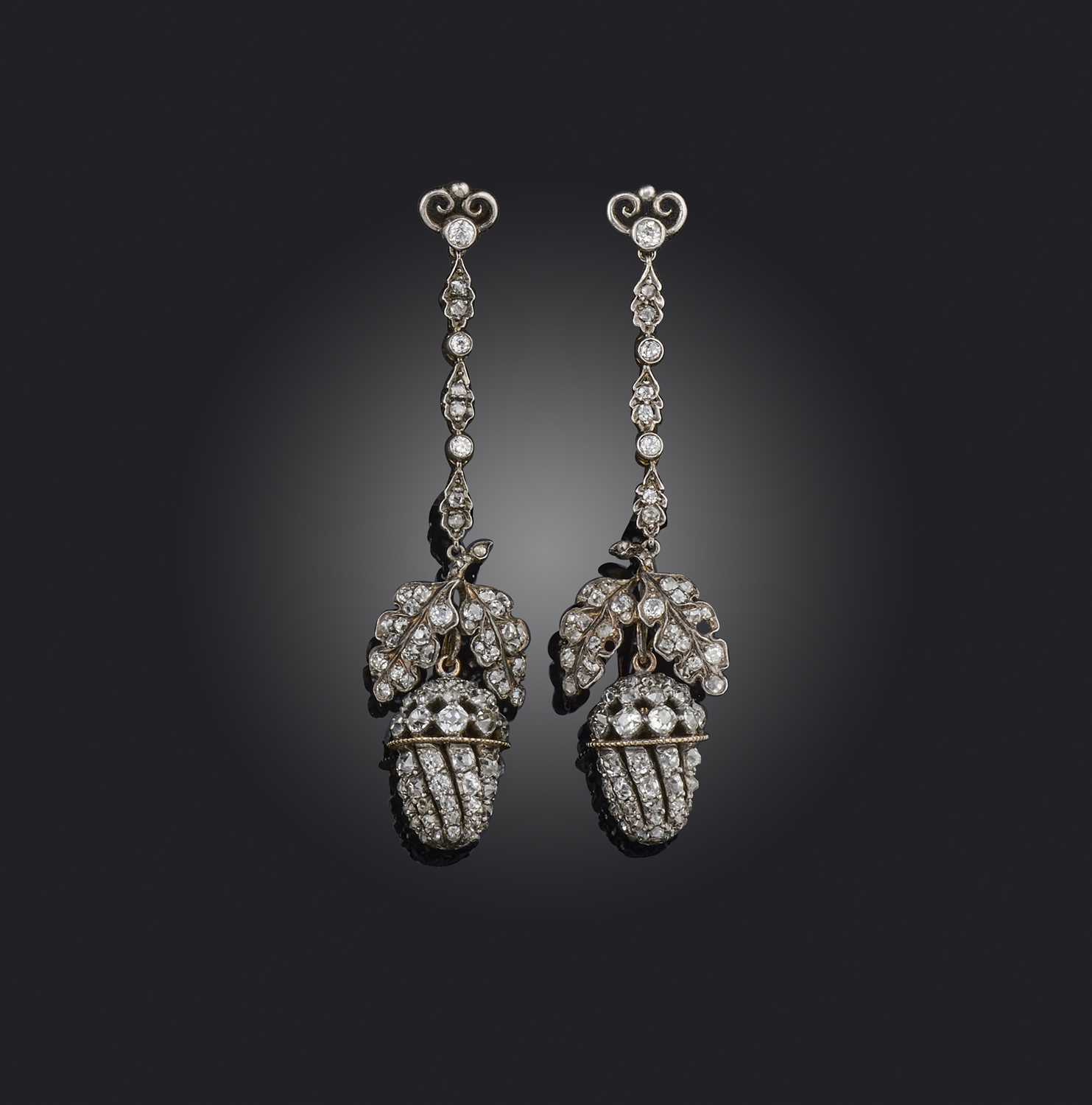 A pair of diamond earrings, early 19th century and later, each designed as an acorn suspended from a