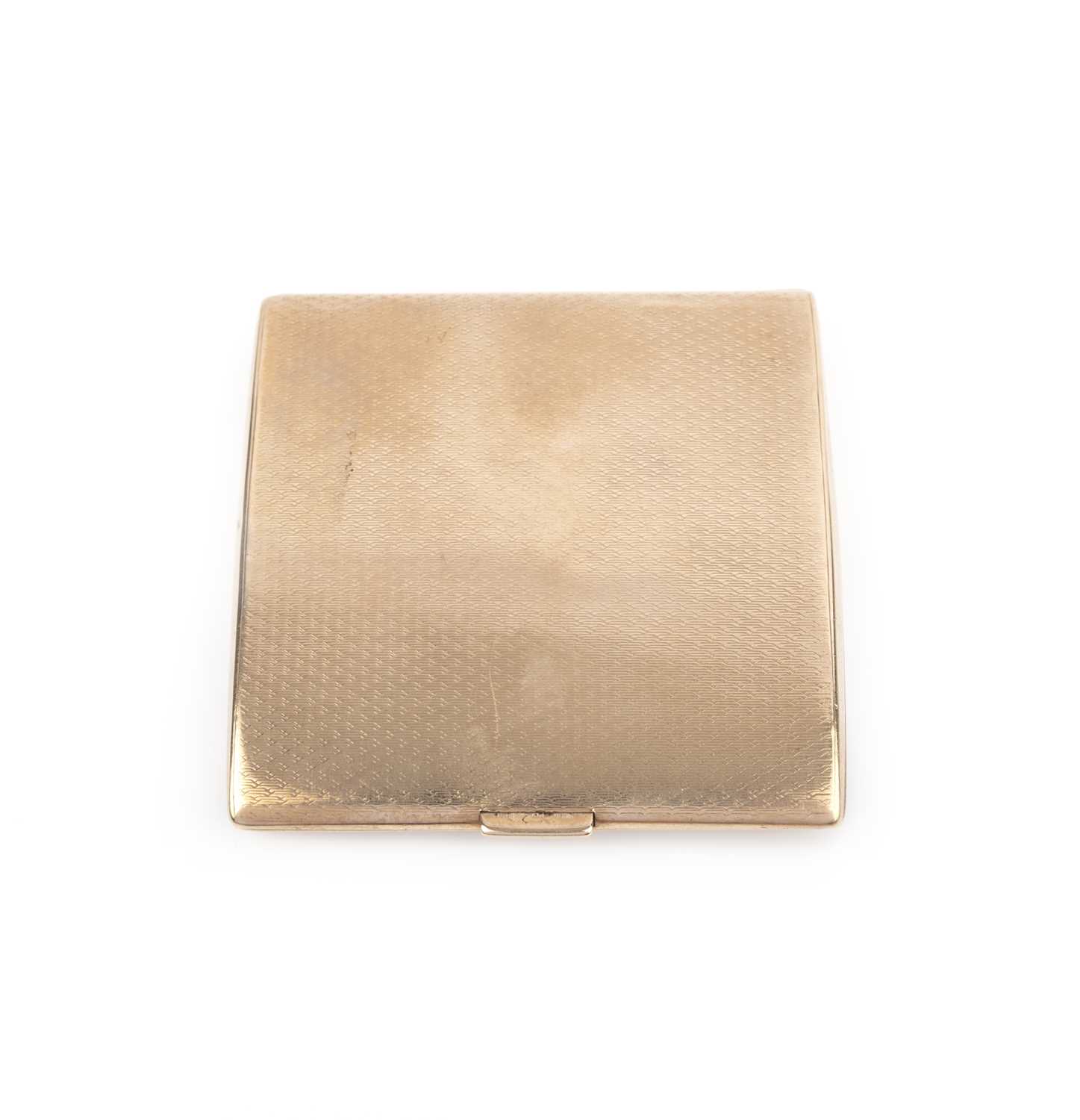 A gold cigarette case, circa 1923, of square outline in 9ct gold, the exterior with engraved