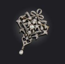 A Belle Epoque natural pearl and diamond brooch, early 20th century, of stylised foliate design