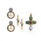 Two pairs of earrings and a pendant, comprising: a pair of cultured mabé pearl earrings,