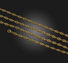 A gold longchain, France, late 19th century, composed of interlocking oval links in gold wire,