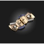 A Retro sapphire and diamond double clip brooch, 1940s, of abstract design in polished gold, set