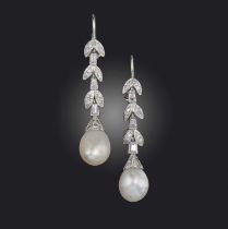 A pair of natural pearl and diamond earrings, each of pendent design, composed of foliate links