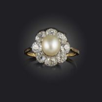 A natural pearl and diamond ring, set with a central pearl within a surround of old cushion-shaped