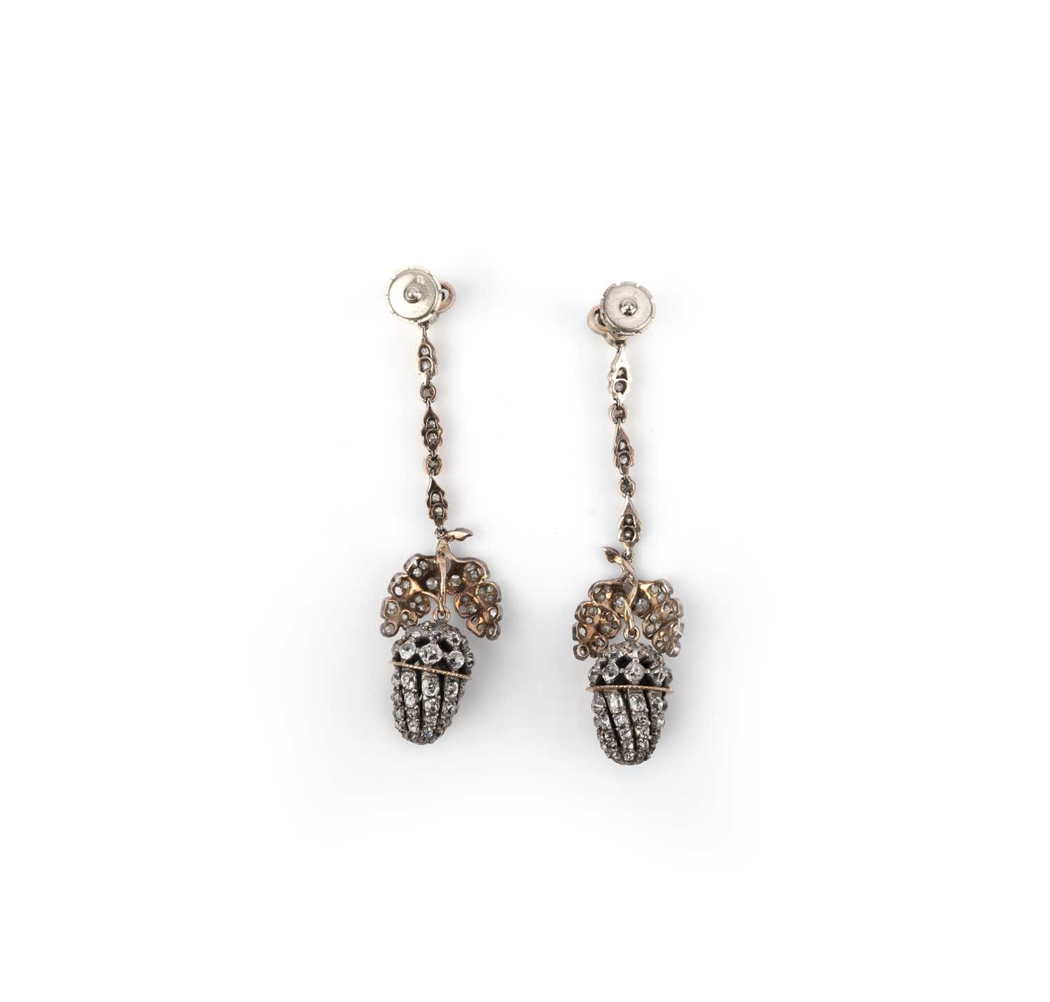 A pair of diamond earrings, early 19th century and later, each designed as an acorn suspended from a - Image 2 of 2