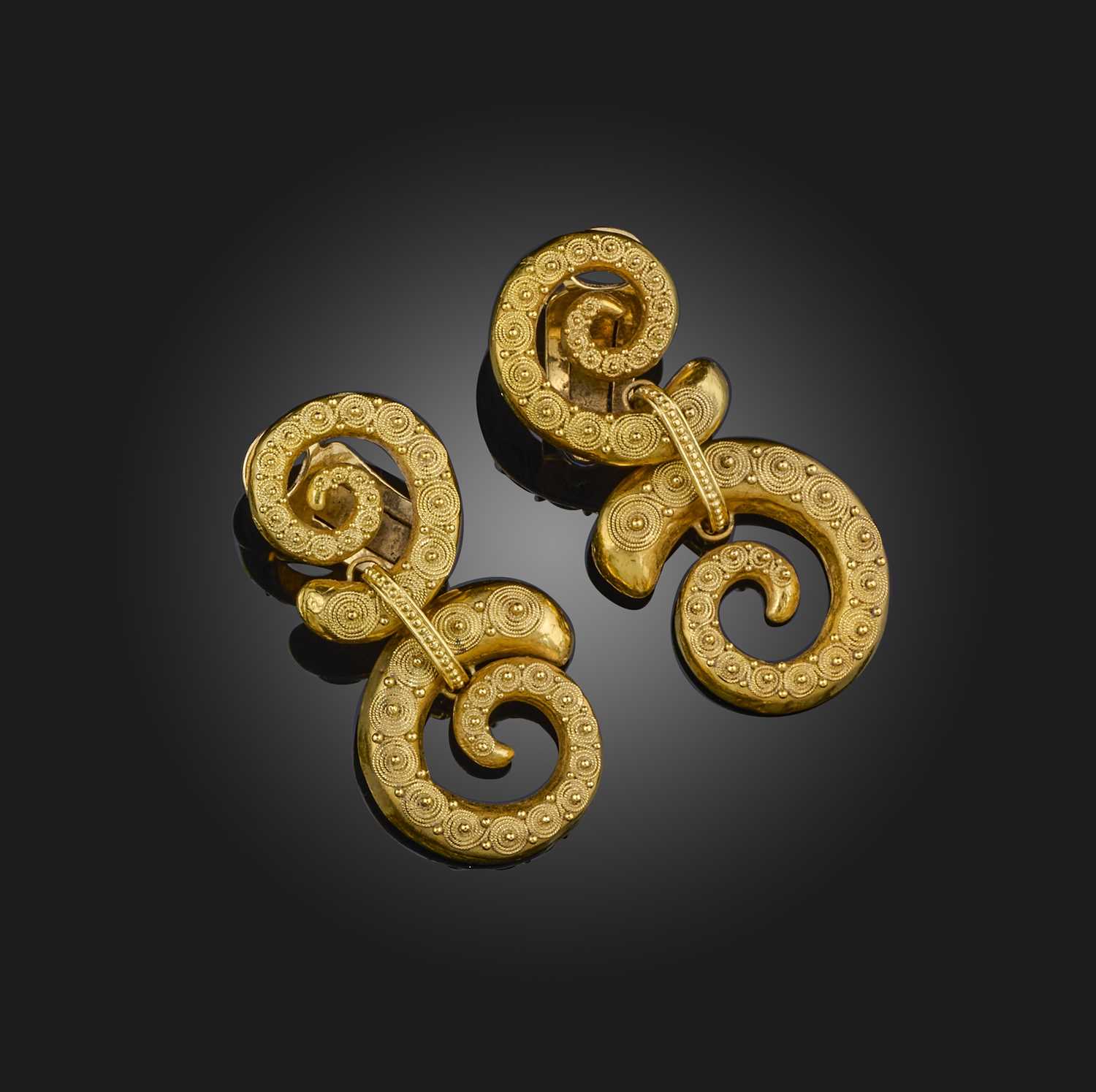 Lalaounis, a pair of gold scroll earrings, with ropetwist and pellet decoration to the two connected