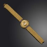 Péry & Fils, a Retro gold and sapphire watch, France, 1950s, the circular brushed gold dial with
