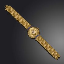Péry & Fils, a Retro gold and sapphire watch, France, 1950s, the circular brushed gold dial with
