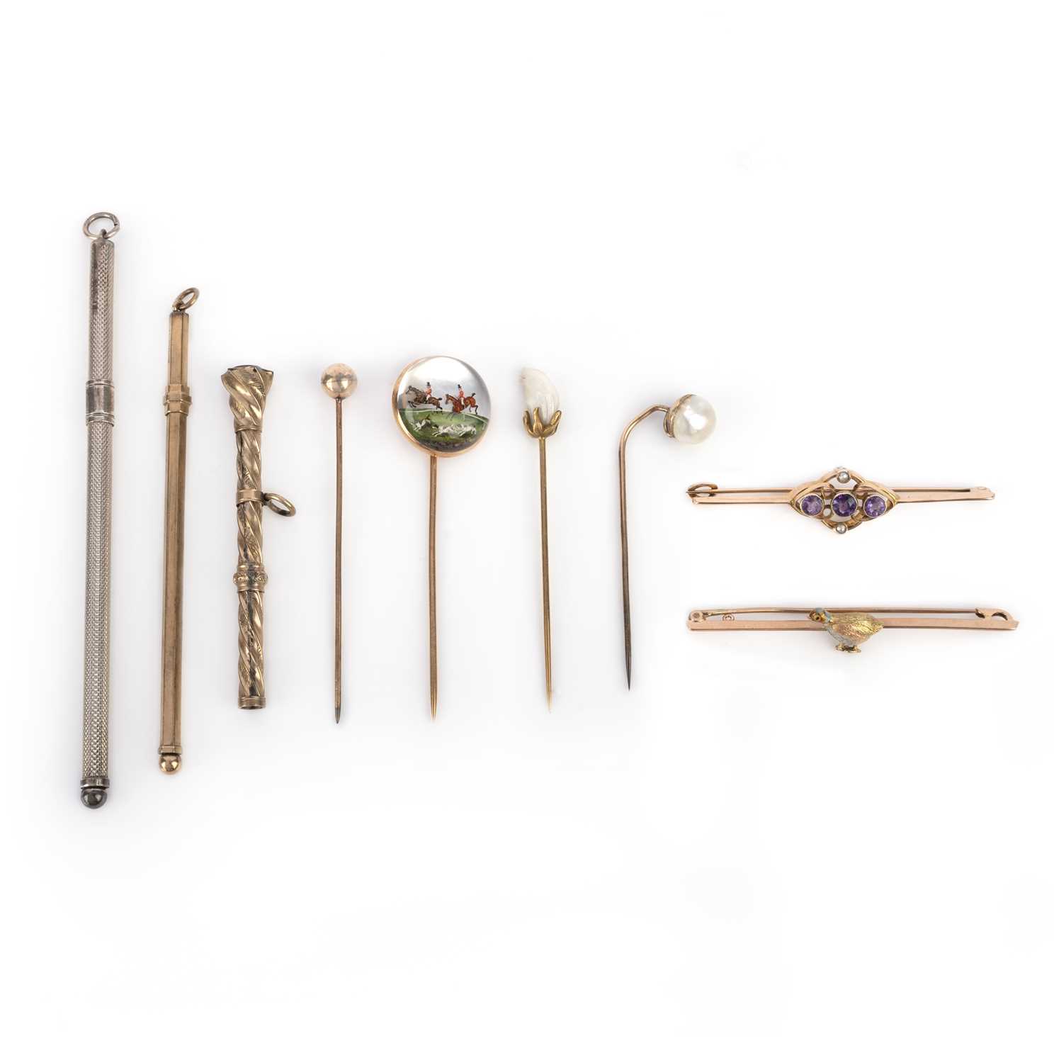 A collection of stick pins and brooches, late 19th/early 20th century, comprising: a gold bar brooch