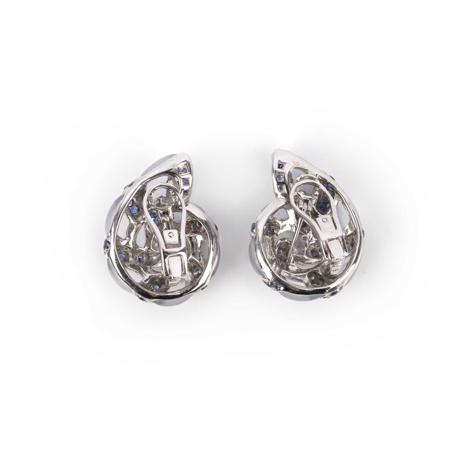 A pair of earrings designed as spiral seashells, set with polished white chalcedony and circular-cut - Image 2 of 2