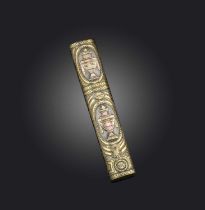 A gilt silver etui, 19th century, the cylindrical case of oval cross section, the exterior with