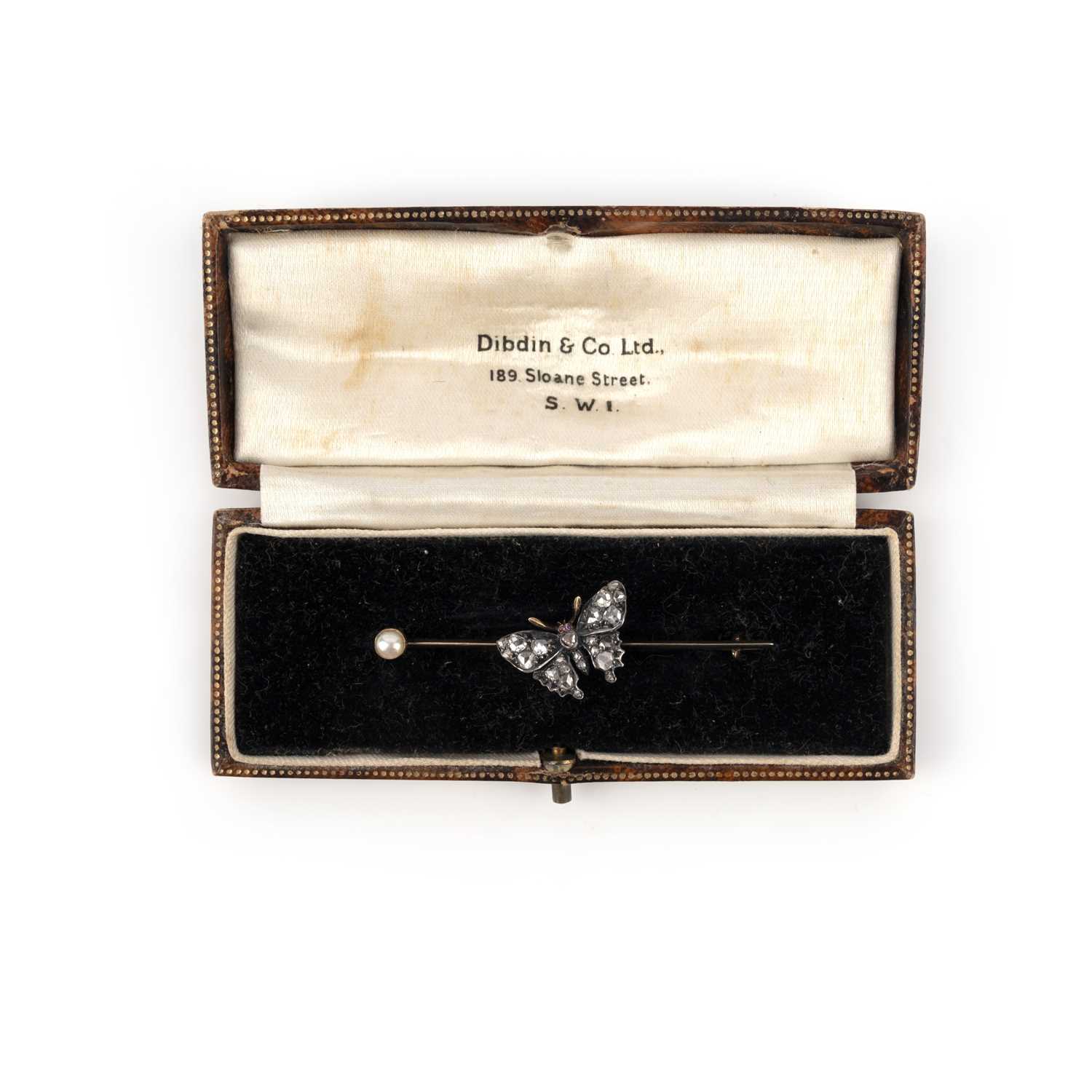 A diamond and pearl brooch, late 19th century, designed as a butterfly, set with rose-cut - Image 2 of 3