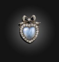 A late Victorian moonstone and diamond brooch, circa 1900, designed as a heart surmounted by a