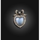 A late Victorian moonstone and diamond brooch, circa 1900, designed as a heart surmounted by a