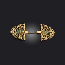 Two emerald and diamond brooch components, late 18th/early 19th century, each end of foliate