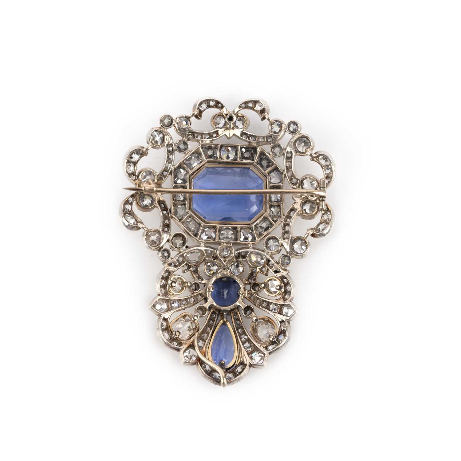 An impressive sapphire and diamond devant-de-corsage, late 19th century, set with a shallow - Image 2 of 4