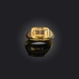 A citrine ring, set with a fancy cut citrine, mounted in 18ct gold, size M, British hallmarks,