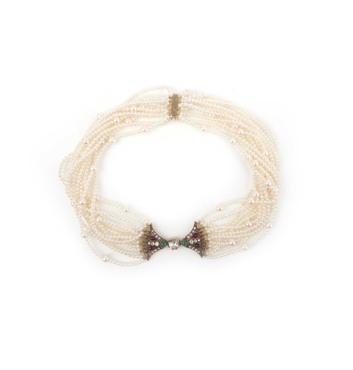 A gem-set, cultured pearl and diamond choker necklace, centring on confronted Egyptian-style lotus - Image 2 of 3