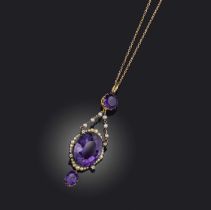An amethyst and seed pearl pendant, early 20th century composite, the pendant composed of a