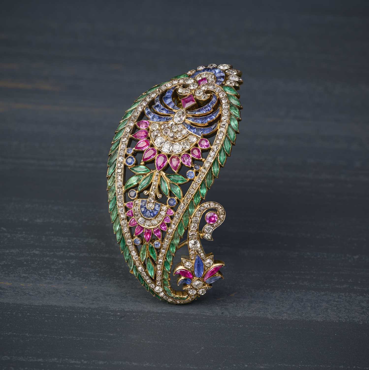 A fine ruby, emerald, sapphire and diamond sarpech brooch, third quarter 19th century, modelled as a