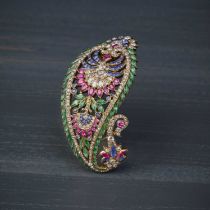 A fine ruby, emerald, sapphire and diamond sarpech brooch, third quarter 19th century, modelled as a