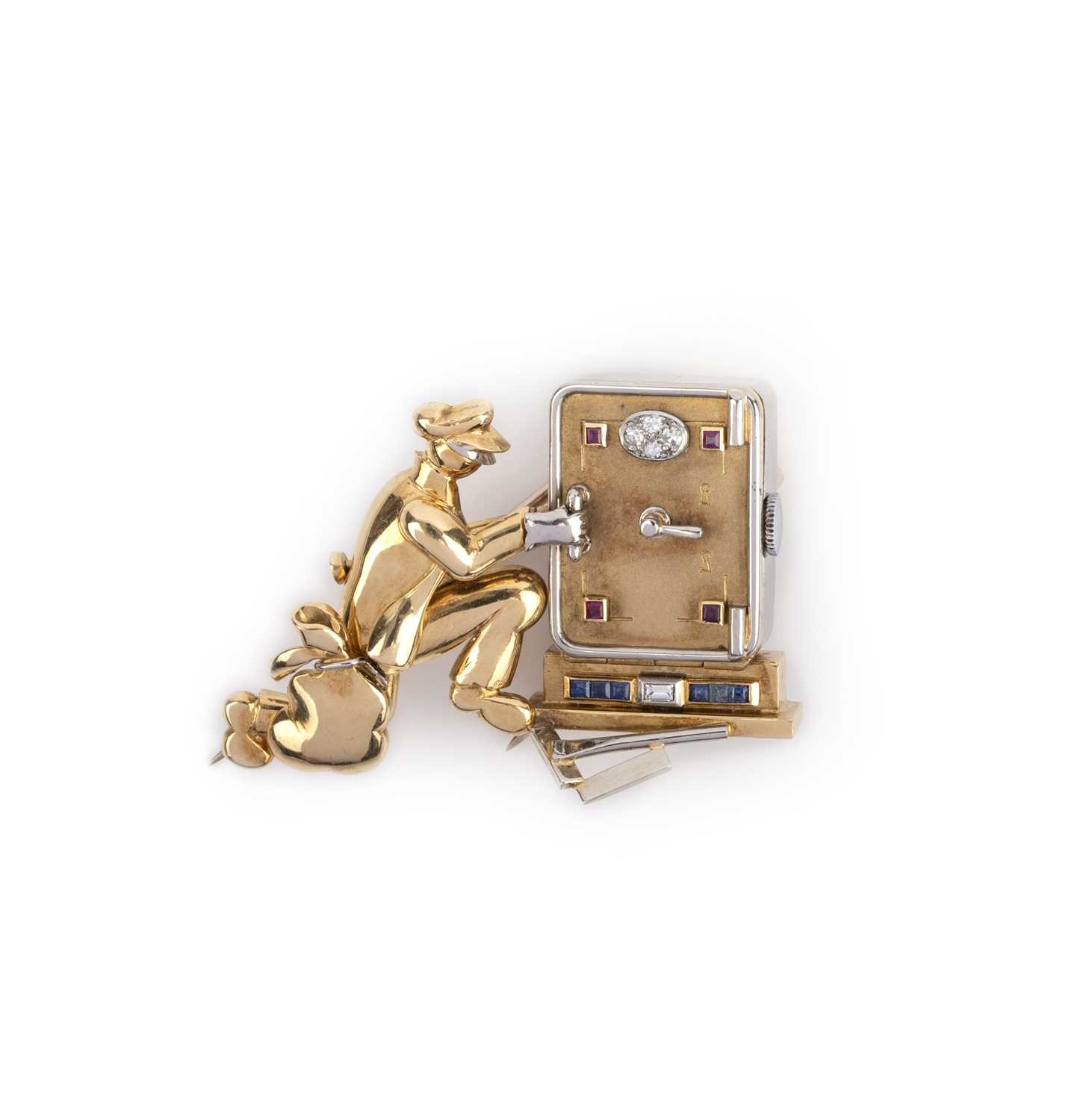 A Retro novelty gold and gem-set fob watch brooch, 1940s, designed as a burglar breaking into a safe