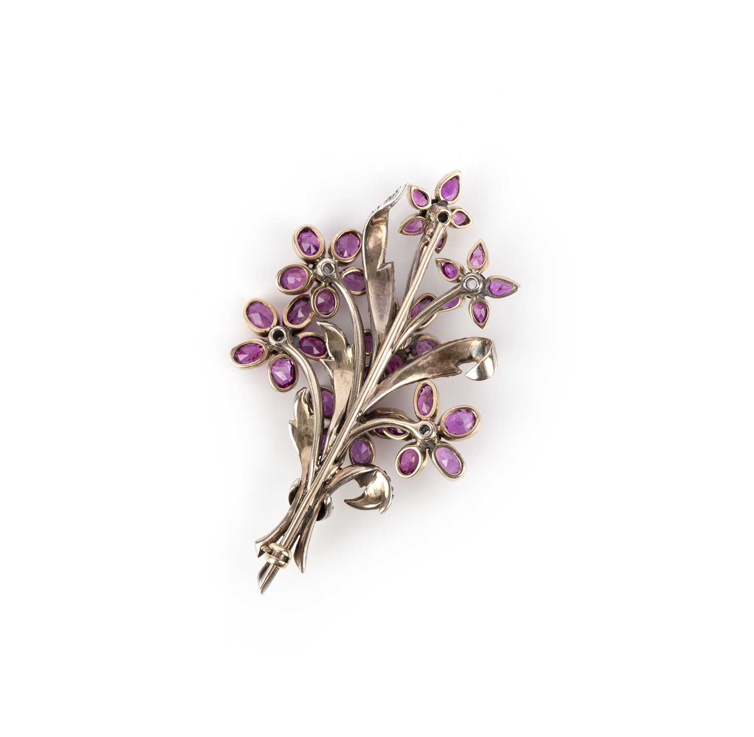 A ruby and diamond brooch, designed as a bouquet of flowers, set with rose-cut diamonds and oval - Image 2 of 2