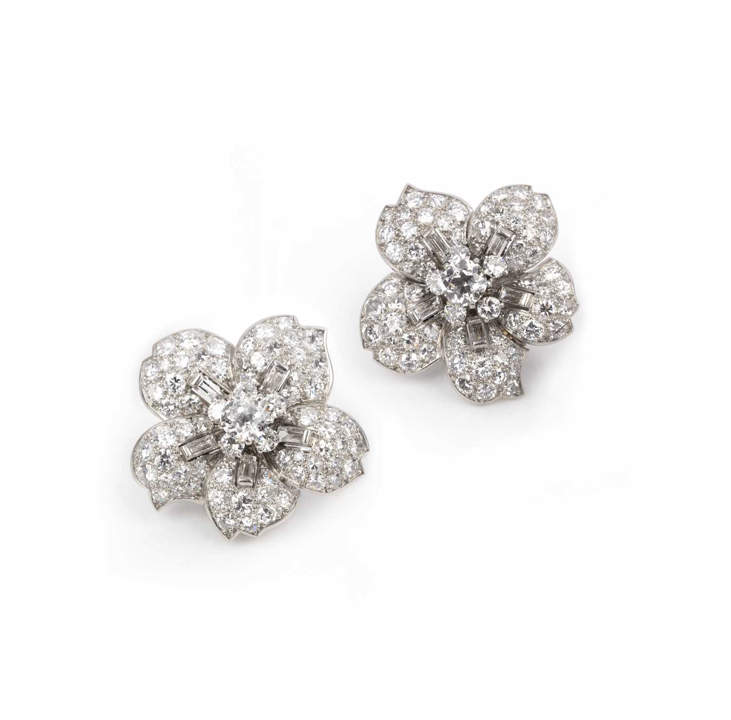 Cartier, a pair of diamond earrings, 1950s, each designed as a five-petalled flower, set with - Image 2 of 5