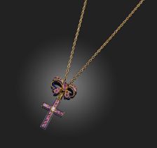 A ruby, diamond and enamel pendant necklace, mid 19th century, designed as a bow suspending a cross,