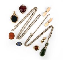 A collection of gold and hardstone jewels, comprising: a Victorian 18ct gold swivel pendant set with