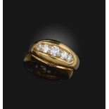 A diamond five stone ring, 1904 and later, set with graduated round brilliant-cut diamonds in