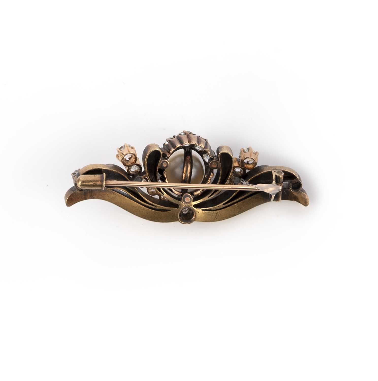 A pearl and diamond brooch, late 19th century, centring on a pearl measuring approximately 8.0 x 8.8 - Image 2 of 2