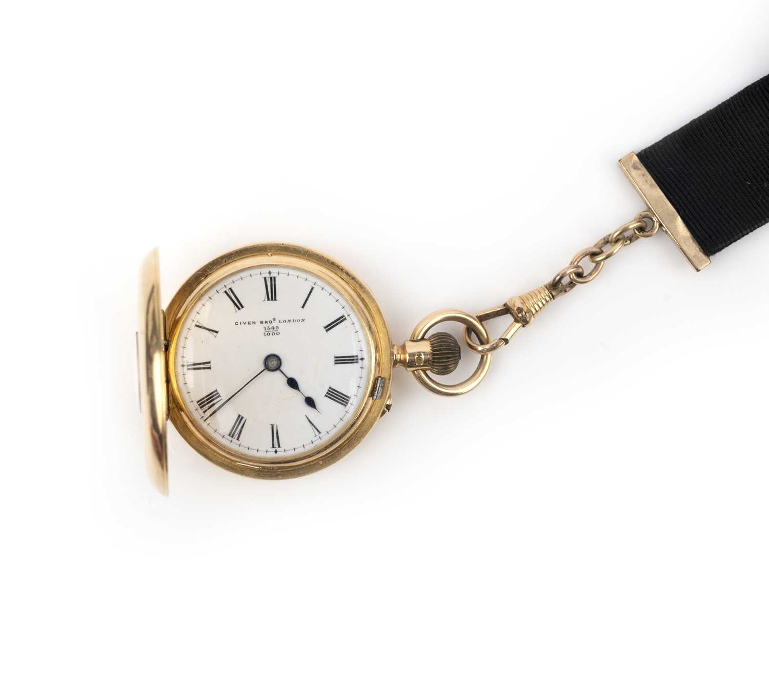 An 18ct gold half hunting cased fob watch, Given Brothers, signed white enamel dial and 3/4 plate - Image 4 of 5