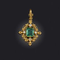 A Regency emerald and diamond pendant, set with an emerald-cut emerald weighing approximately 1.