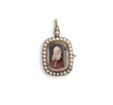 A pearl and portrait miniature mourning pendant brooch, mid 19th century, of rectangular outline,
