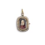 A pearl and portrait miniature mourning pendant brooch, mid 19th century, of rectangular outline,