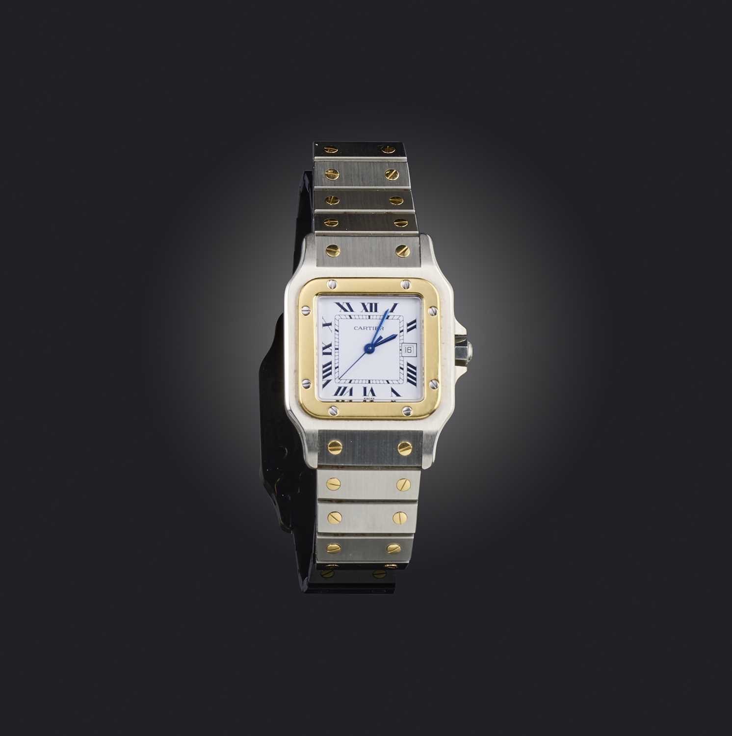 Cartier, a gold and steel 'Santos Carrée' wristwatch, ref. 2961, signed white enamel dial, black