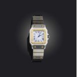 Cartier, a gold and steel 'Santos Carrée' wristwatch, ref. 2961, signed white enamel dial, black
