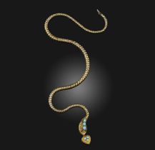 A Victorian gold snake necklace, set with turquoise cabochons and garnet eyes on snake-link body and