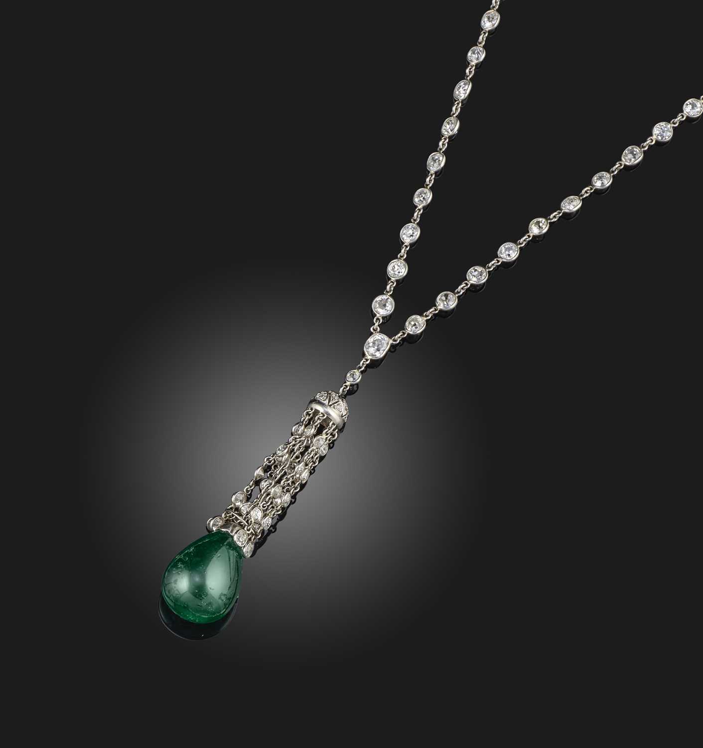 J.E. Caldwell, an Art Deco emerald and diamond necklace, 1920s, the pendant of tassel design, set