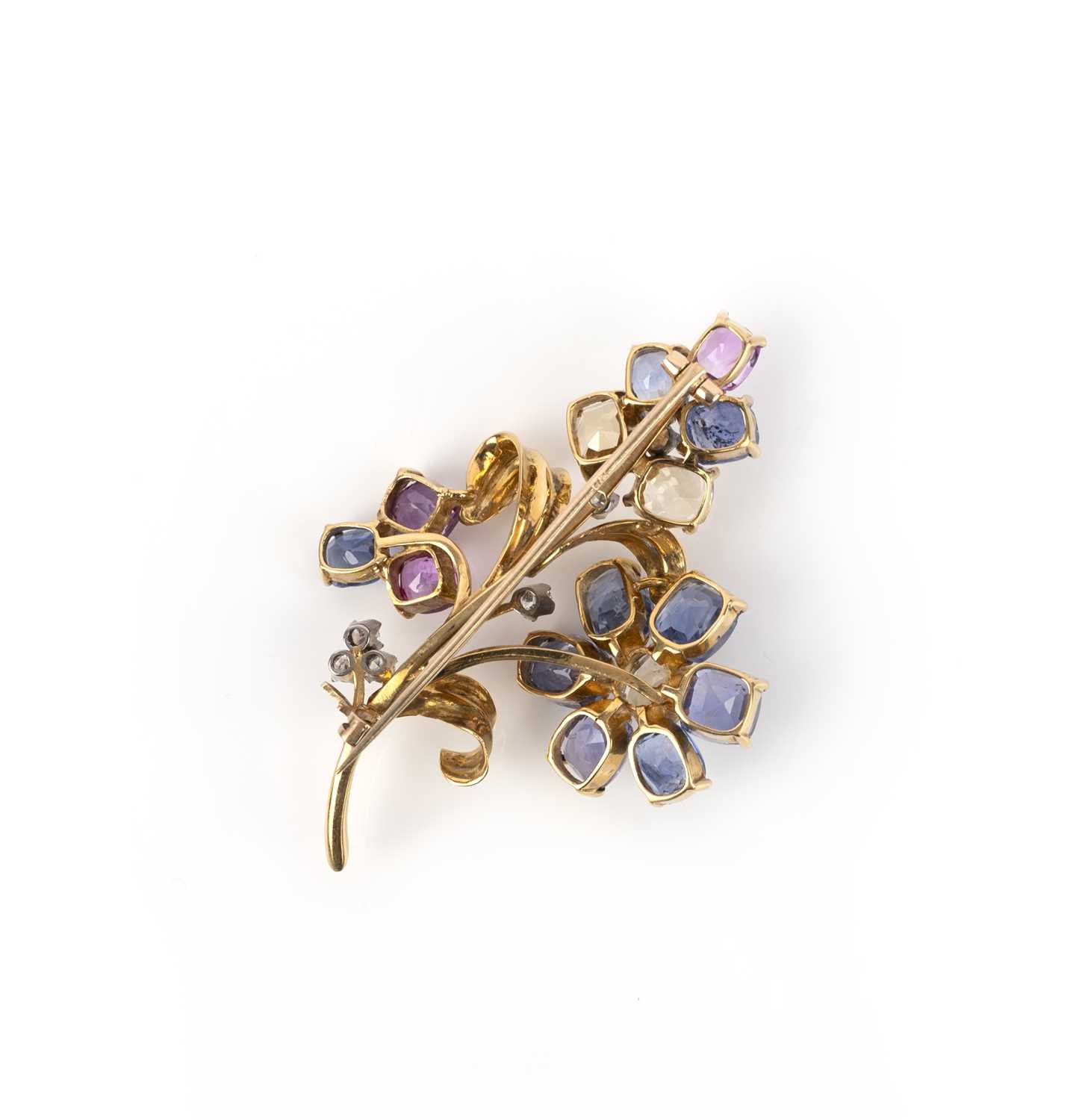 A sapphire and diamond brooch, mid 20th century, designed as a flower, set with multicoloured - Image 2 of 2