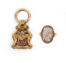 A Victorian agate cameo ring and gold fob seal, late 19th century, comprising: a gold fob seal