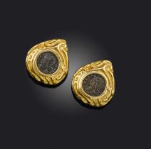 Elizabeth Gage, a pair of gold and bronze earrings, circa 1993, each set with an ancient bronze
