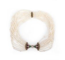 A gem-set, cultured pearl and diamond choker necklace, centring on confronted Egyptian-style lotus