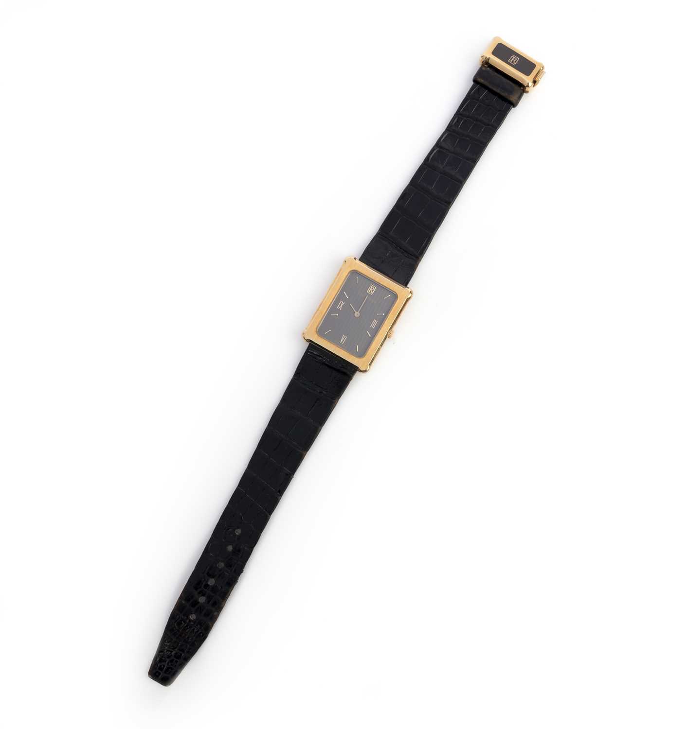 Rothschild, a gold wristwatch, of rectangular outline with grey textured signed dial with baton