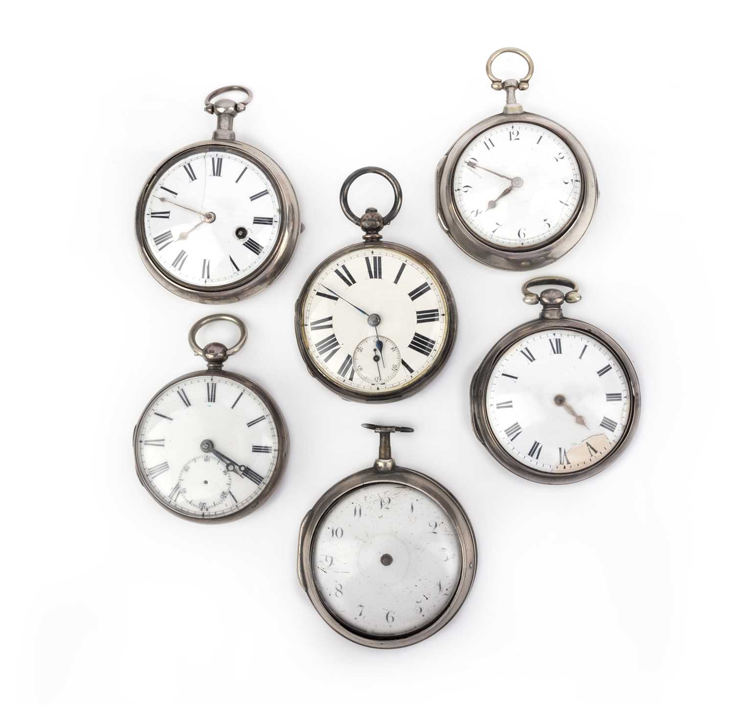 Six silver pair and single cased pocket watches, in various states of repair, comprising: